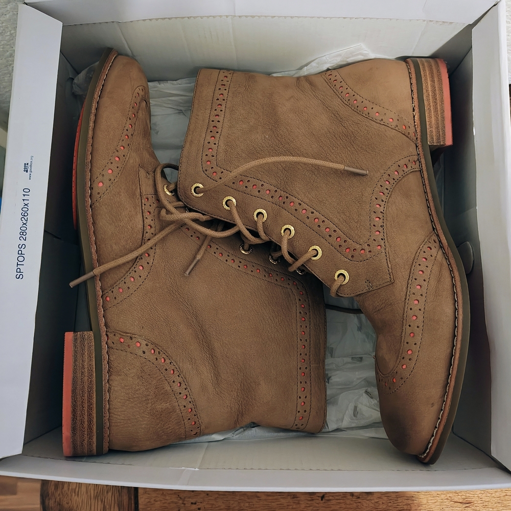 Sperry Tan Leather Ankle Boots with Brogue Detail